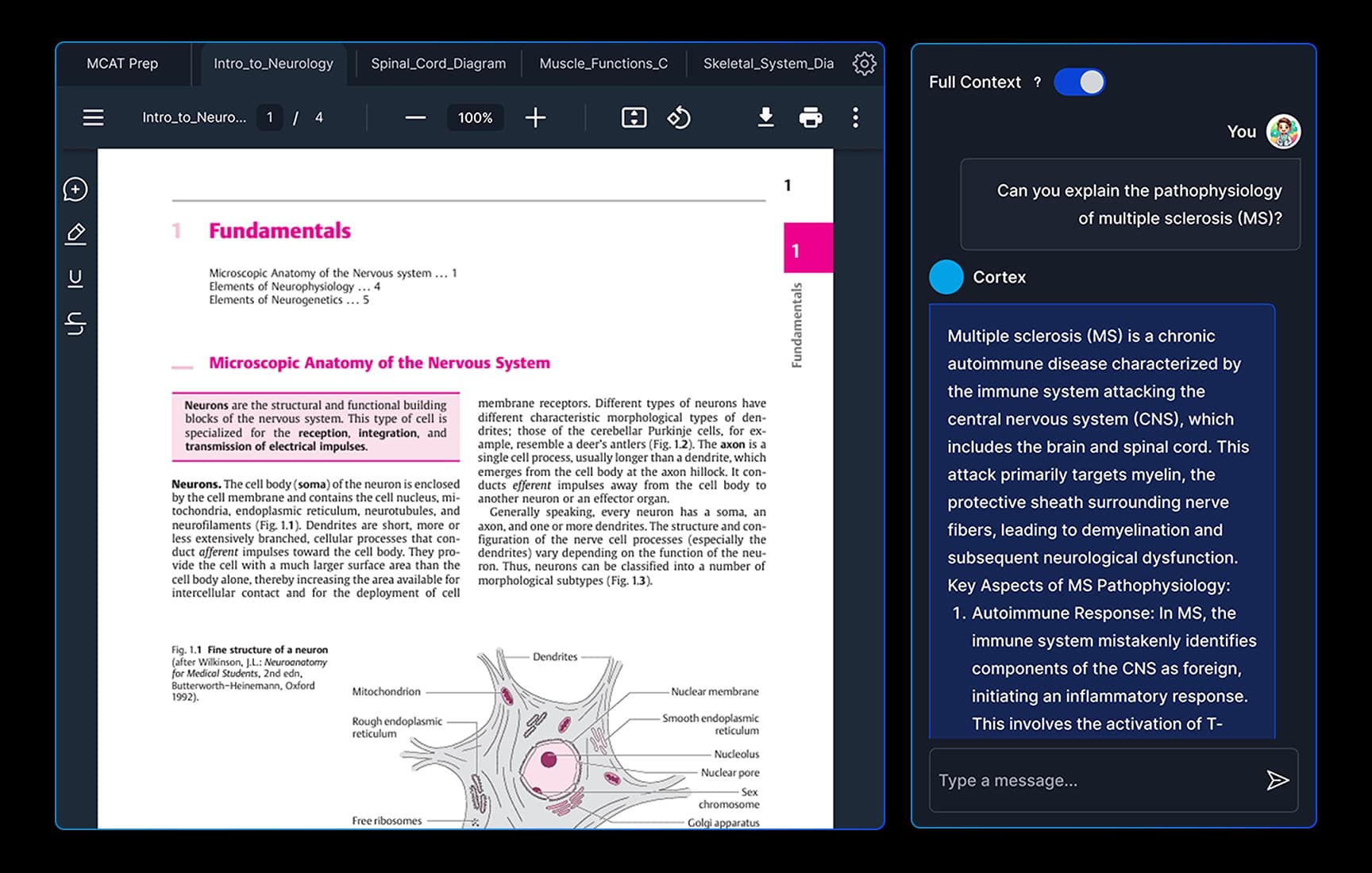 AI study assistant interface summarizing documents