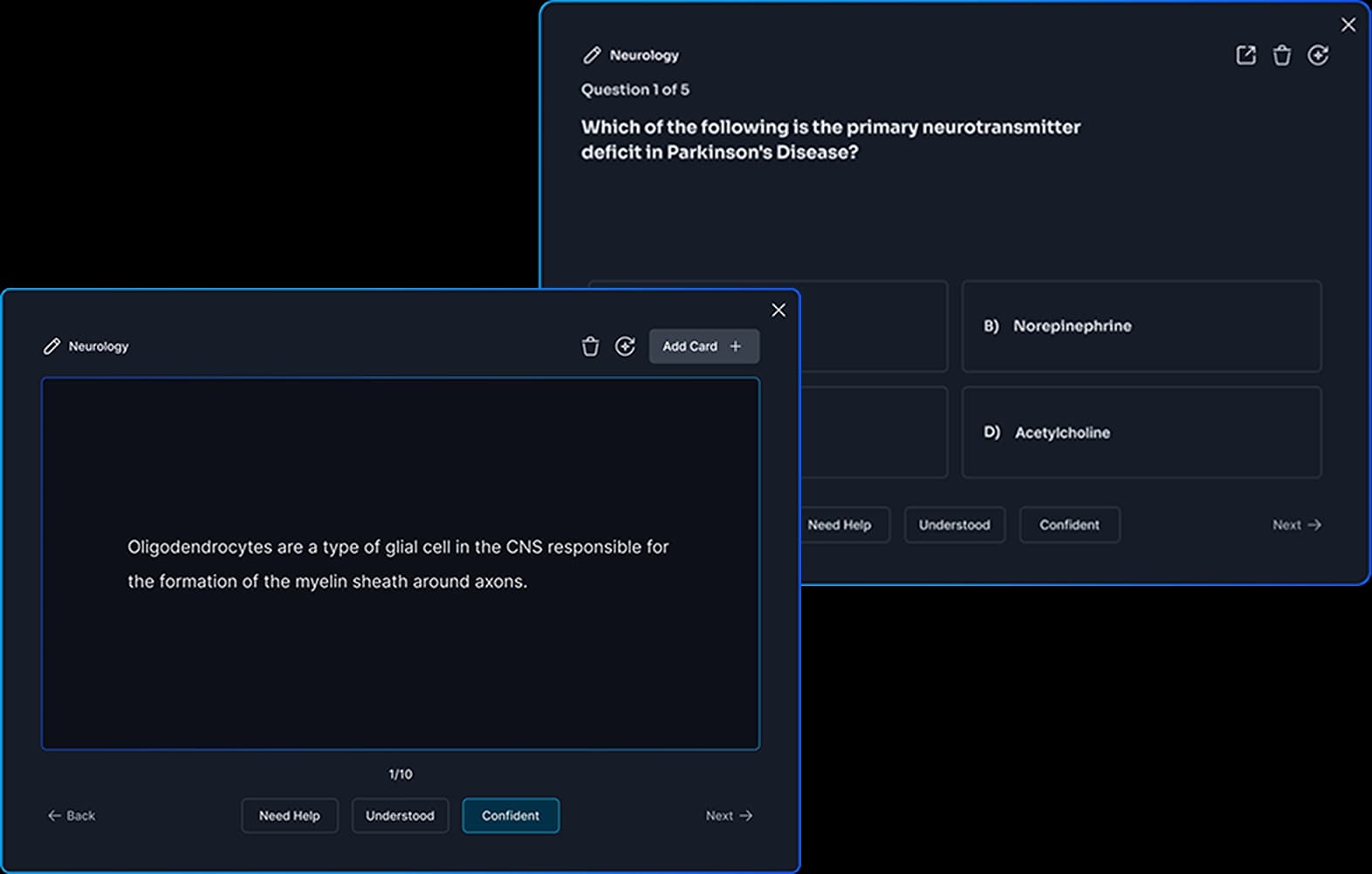 Screenshot of Learning Cortex organizing study materials into flashcards and quizzes